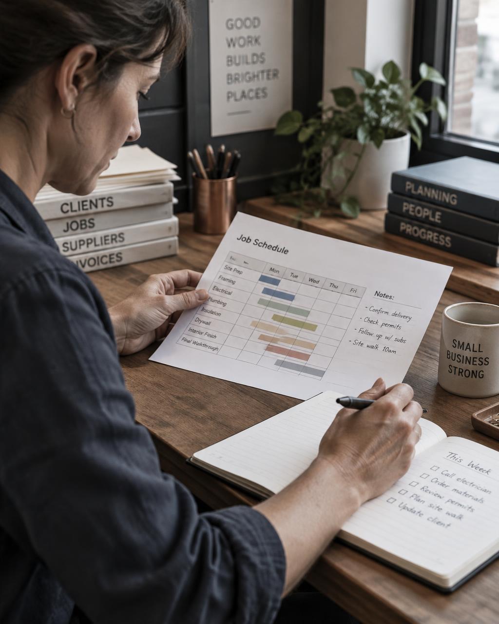 Business owner at a desk reviewing a job schedule and writing a to-do list
